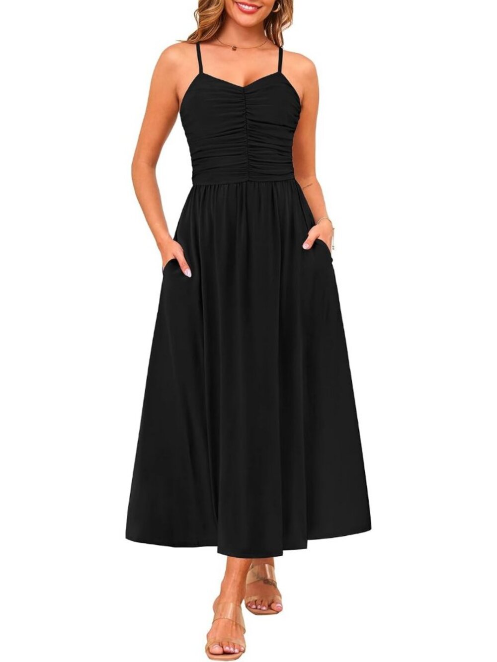 Women's Summer Maxi Dress - Adjustable Spaghetti Straps, Ruched Design, Sun